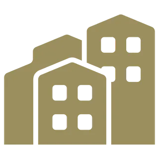 multiple buildings graphic in gold