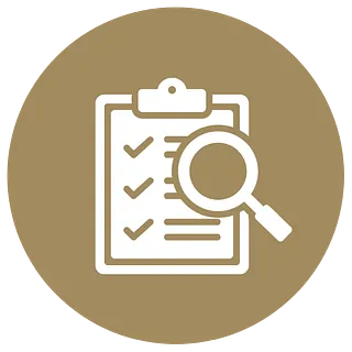 audit icon of magnifying glass and clip board in gold with white